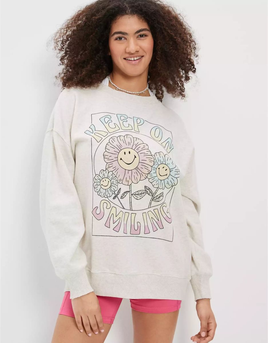 T Shirt Graphique American Eagle AE Oversized Smiley Flower Grise Femme | ICD-38483620